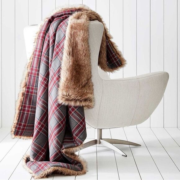 Pottery Barn Nottingham Faux Fur Plaid Throw Blanket - Picture 1 of 6